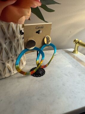 Carolee Turquoise and Multicolor Hoop Earrings with Gold Discs